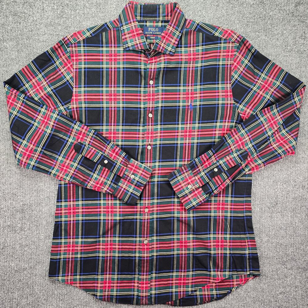 Polo Ralph Lauren Shirt Mens Large Slim Fit Black Red Green Tartan Plaid Cotton